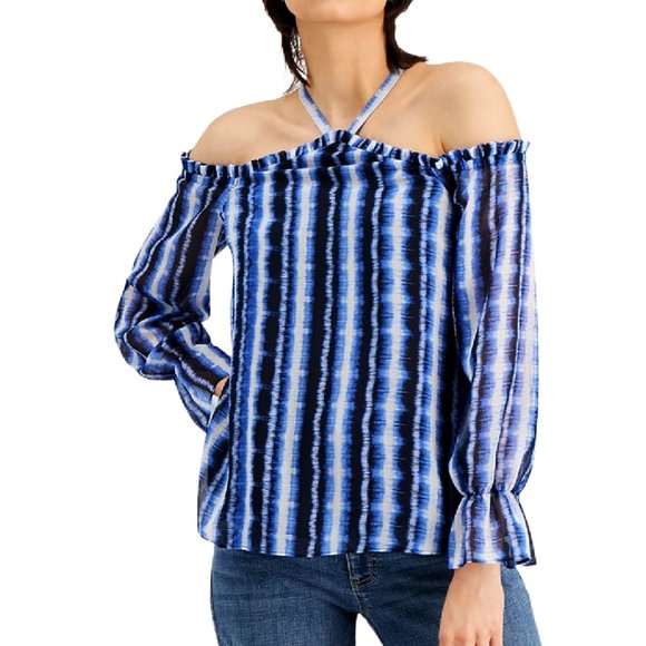 INC International Concepts Tops - INC International Concepts Blue Tie Dyed Cold Shoulder Halter Top Women's XL NEW